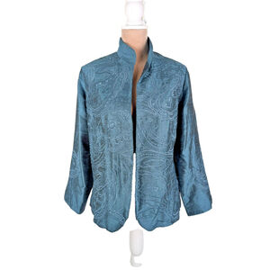 Norm Thompson Embroidered Silk Blazer Jacket Size M Teal Blue Green Artistic